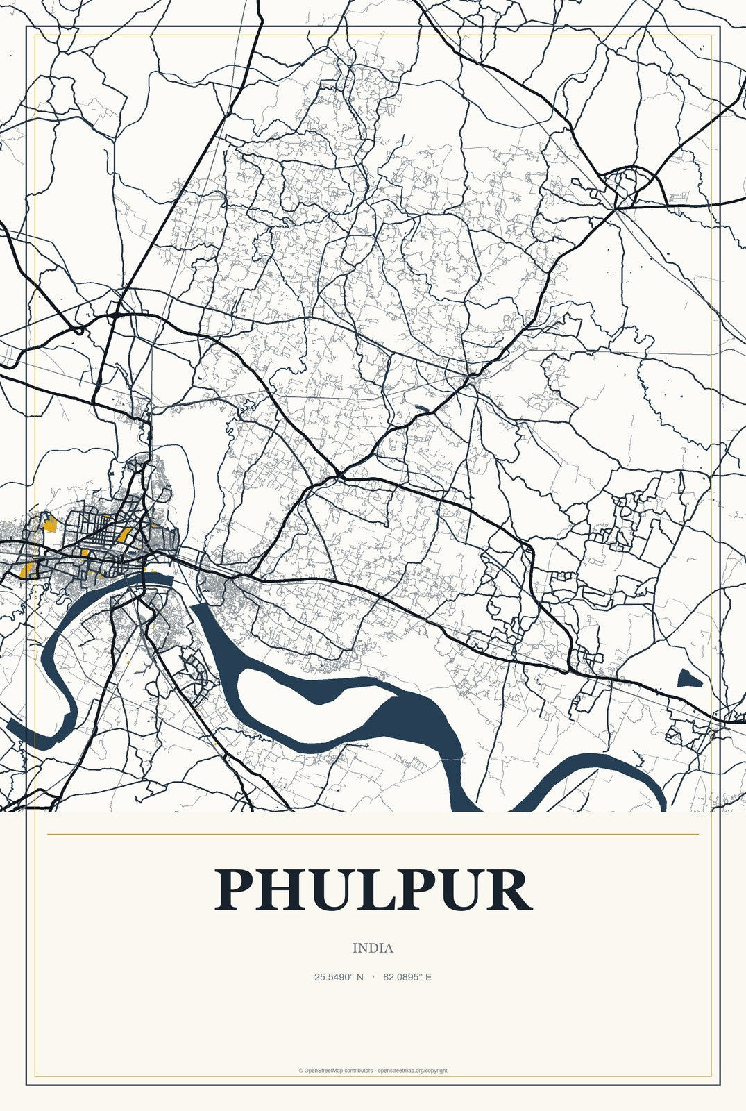 Phulpur, India City Map Aluminum Sign in Citrine Modern style