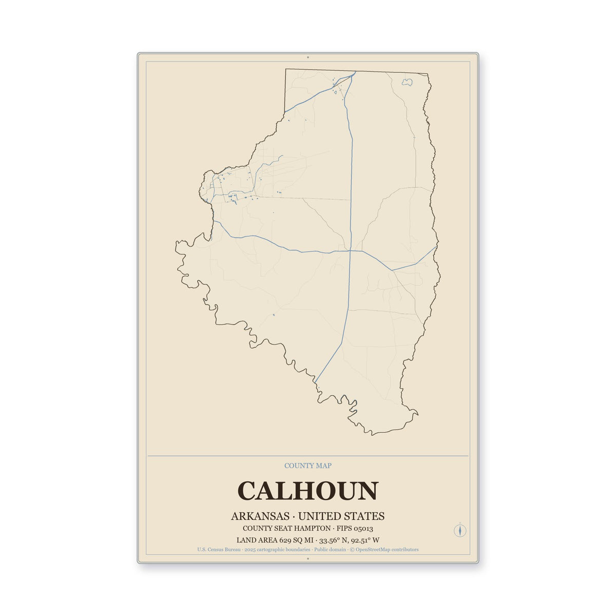 Calhoun County, Arkansas Map Aluminum Sign in Heritage Nautical style