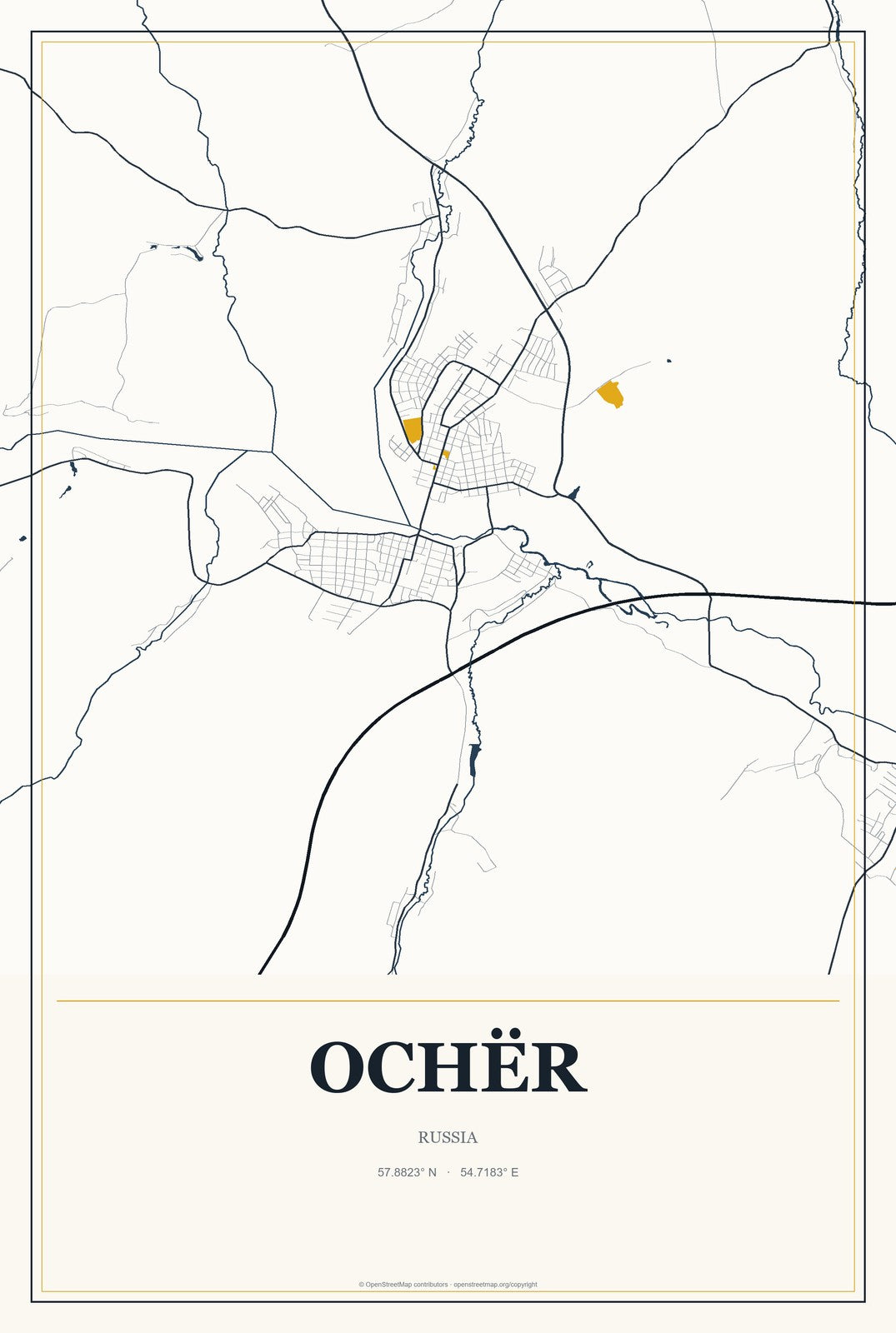 Ochër, Russia City Map Aluminum Sign in Citrine Modern style