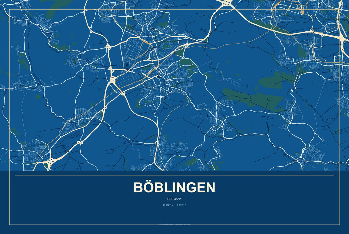 Böblingen, Germany City Map Aluminum Sign in Harbor Cobalt style