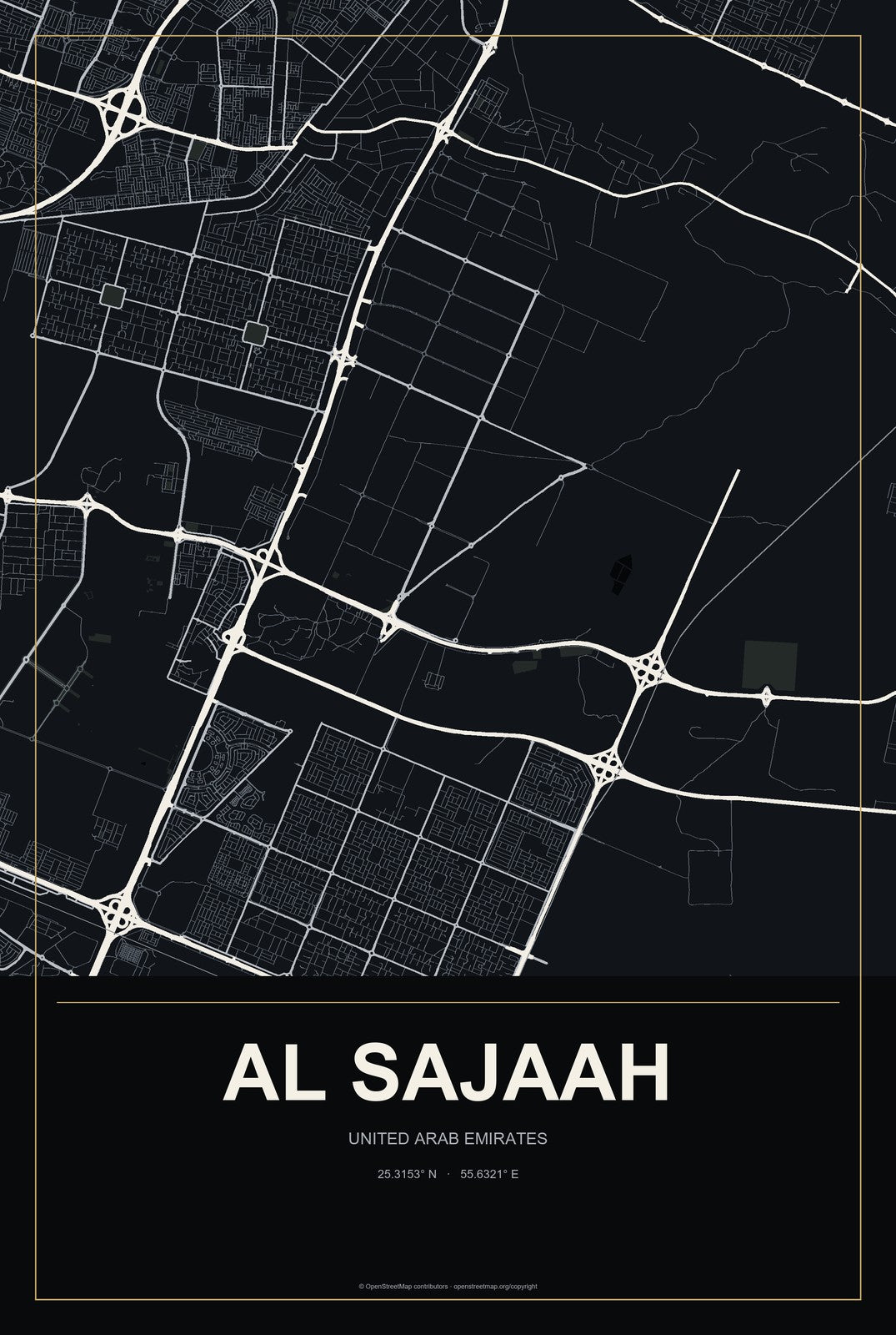 Al Sajaah, United Arab Emirates City Map Aluminum Sign in Metropolitan Noir style