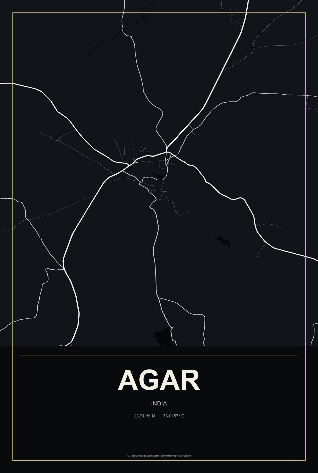 Agar, India City Map Aluminum Sign in Metropolitan Noir style