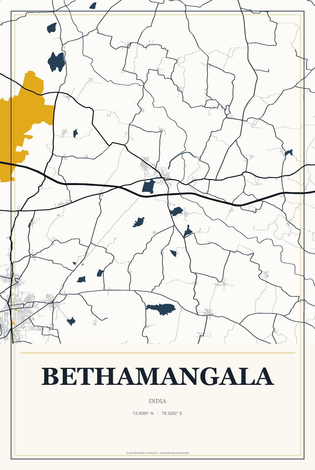 Bethamangala, India City Map Aluminum Sign in Citrine Modern style