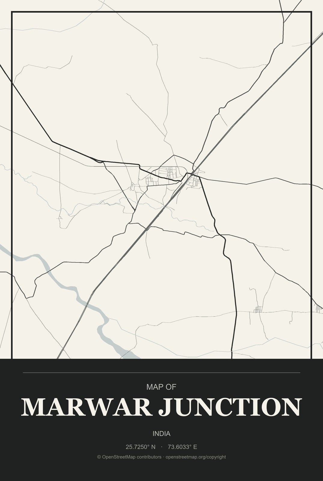 Marwar Junction, India City Map Aluminum Sign in Museum Plaque style