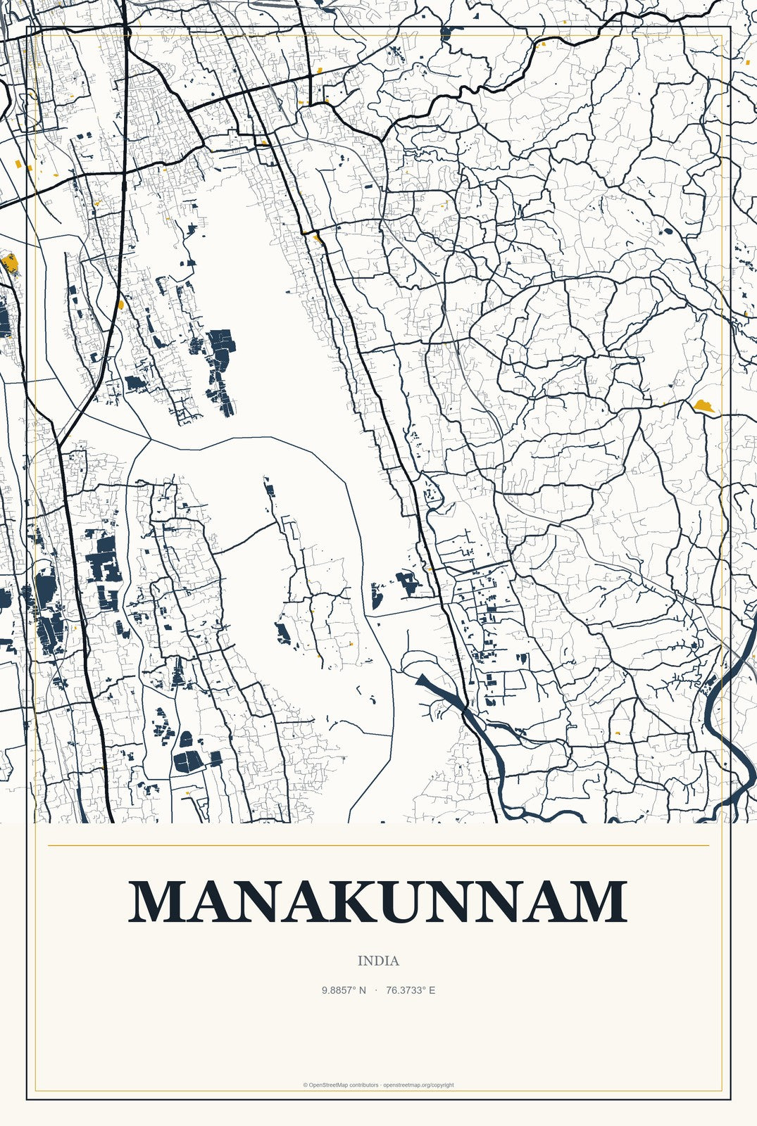 Manakunnam, India City Map Aluminum Sign in Citrine Modern style