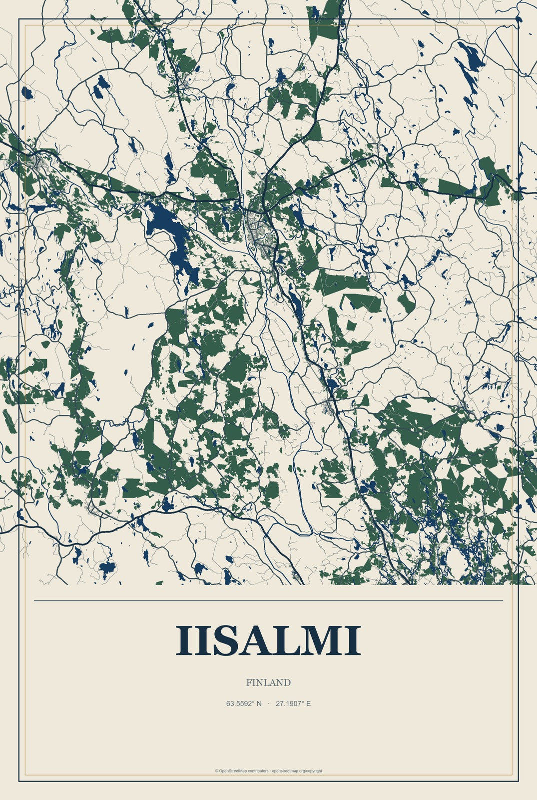 Iisalmi, Finland City Map Aluminum Sign in Coastal Cutout style