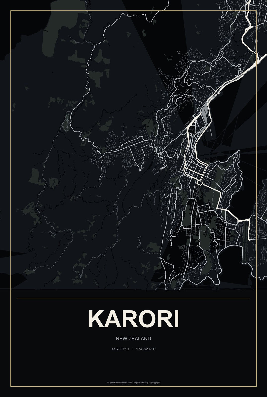 Karori, New Zealand City Map Aluminum Sign in Metropolitan Noir style