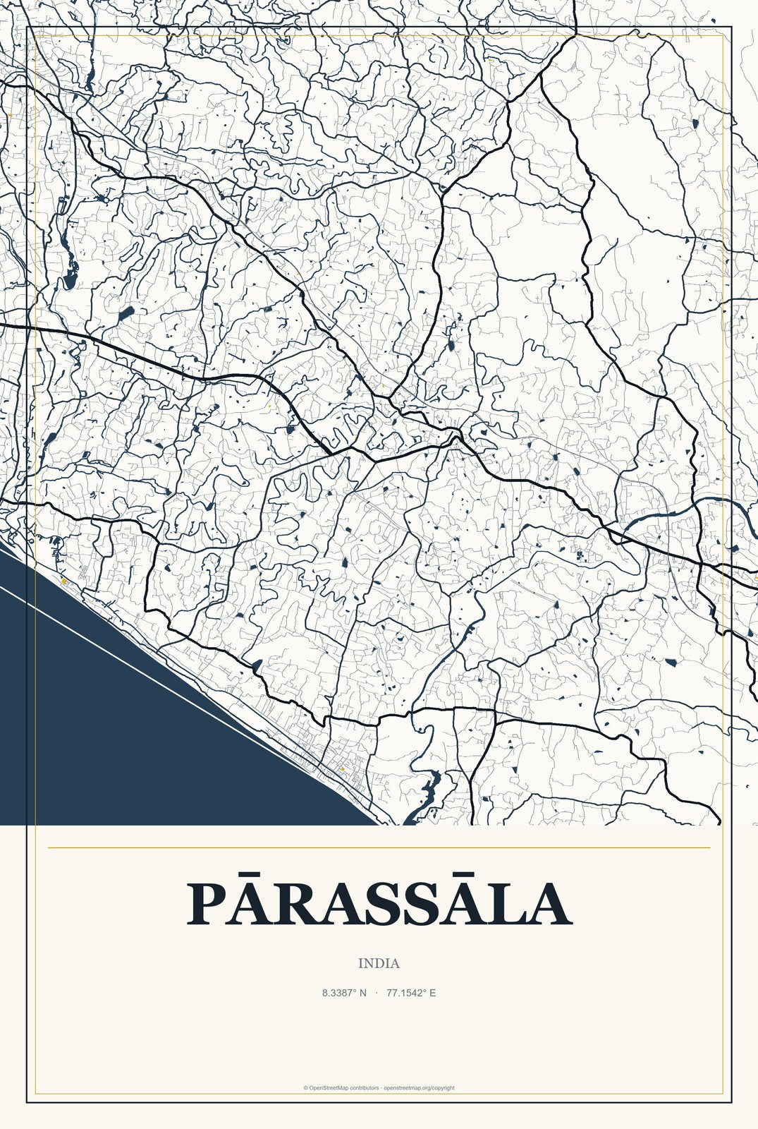 Pārassāla, India City Map Aluminum Sign in Citrine Modern style