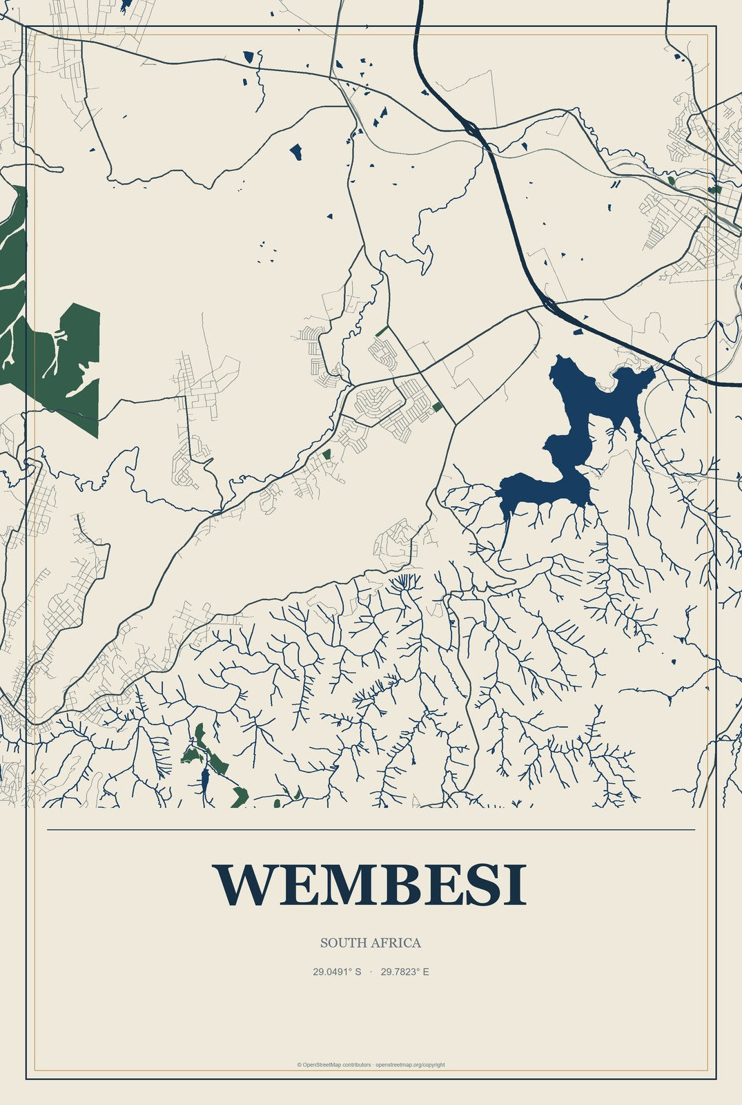 Wembesi, South Africa City Map Aluminum Sign in Coastal Cutout style