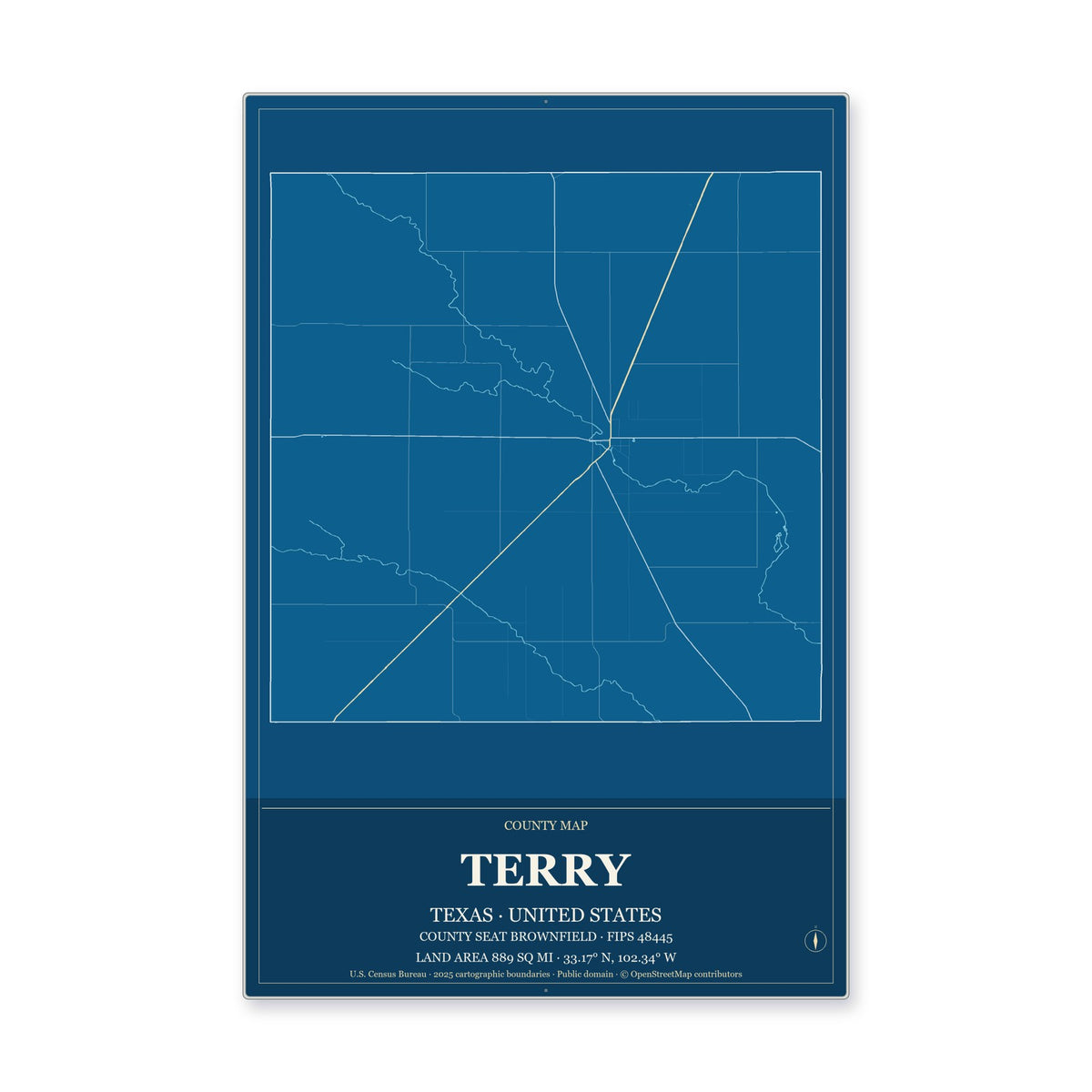 Terry County, Texas Map Aluminum Sign in Harbor Cobalt style