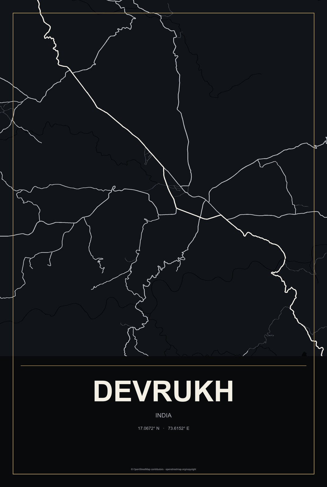 Devrukh, India City Map Aluminum Sign in Metropolitan Noir style