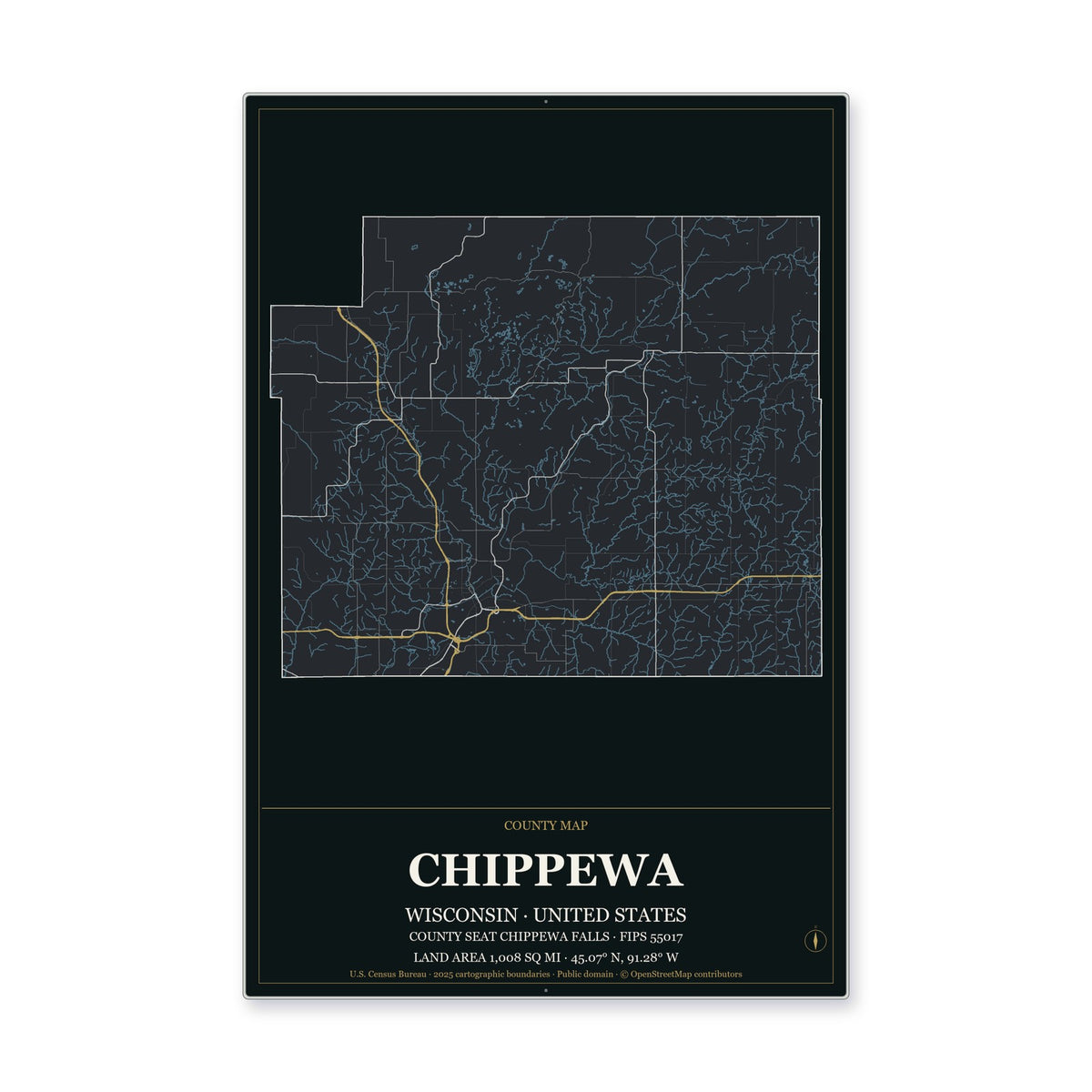 Chippewa County, Wisconsin Map Aluminum Sign in Metropolitan Noir style