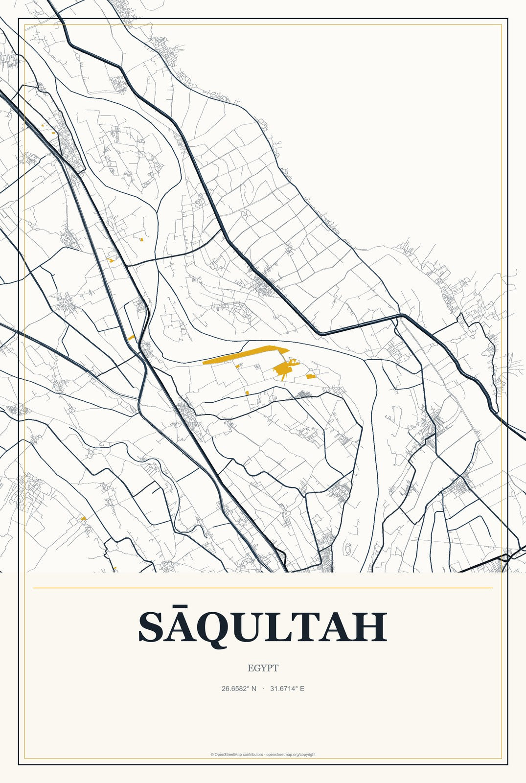 Sāqultah, Egypt City Map Aluminum Sign in Citrine Modern style