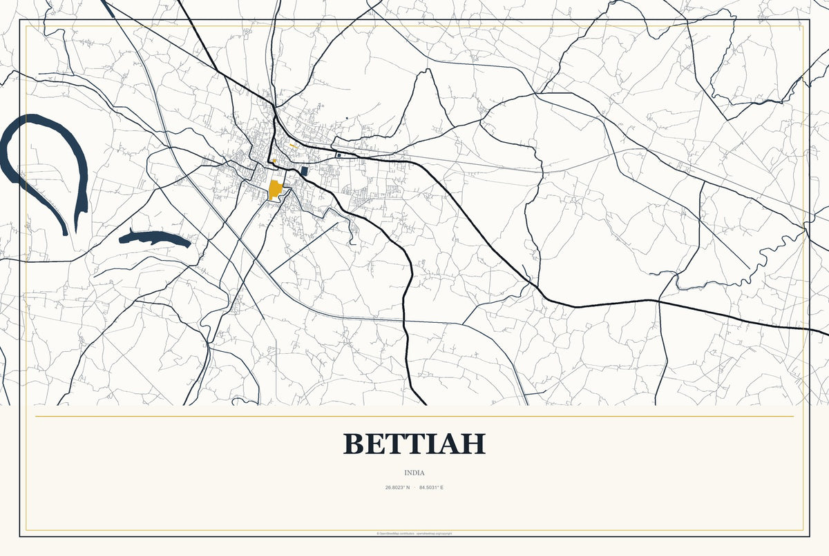 Bettiah, India City Map Aluminum Sign in Citrine Modern style