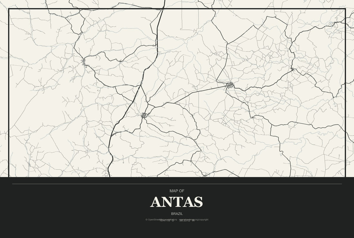 Antas, Brazil City Map Aluminum Sign in Museum Plaque style