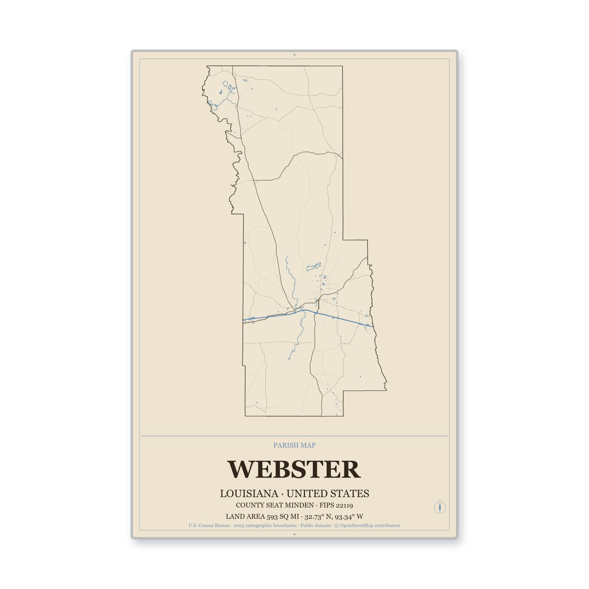 Webster Parish, Louisiana Map Aluminum Sign in Heritage Nautical style