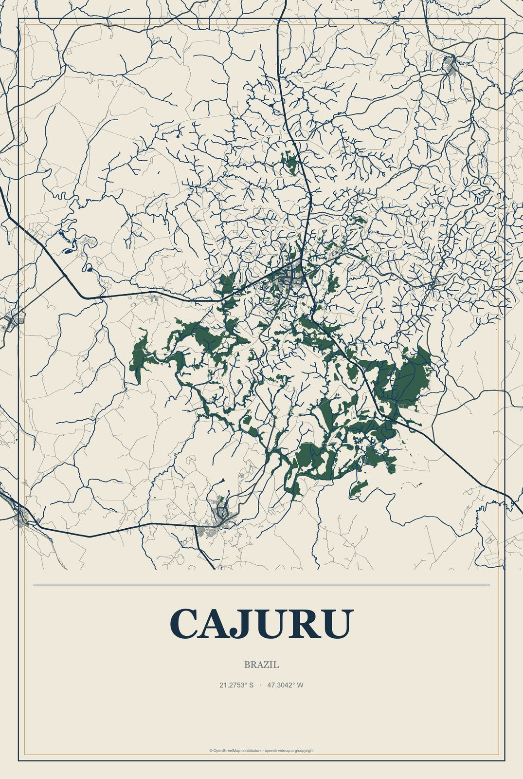 Cajuru, Brazil City Map Aluminum Sign in Coastal Cutout style