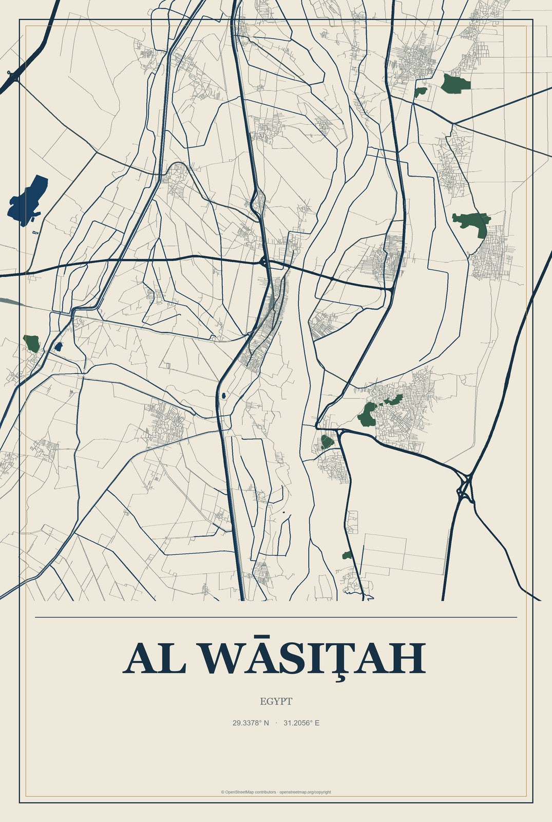 Al Wāsiţah, Egypt City Map Aluminum Sign in Coastal Cutout style