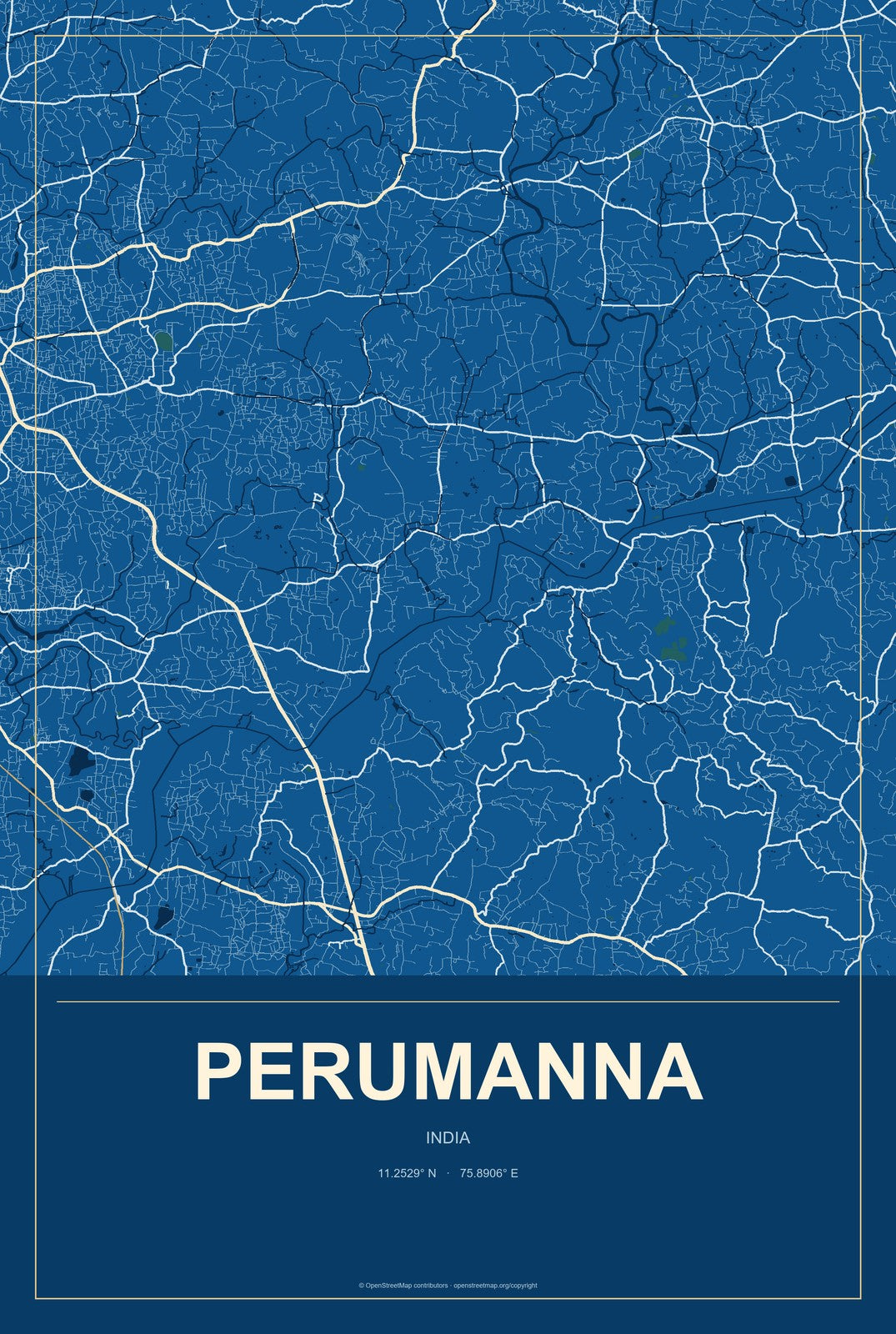 Perumanna, India City Map Aluminum Sign in Harbor Cobalt style