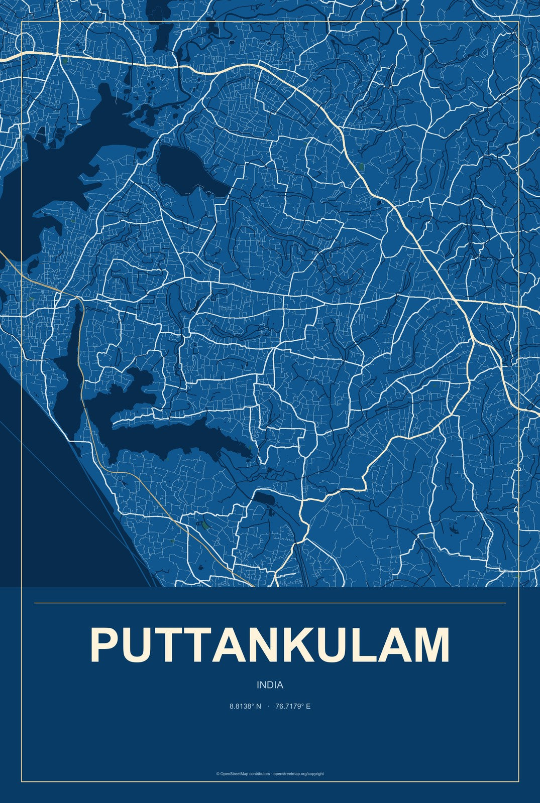 Puttankulam, India City Map Aluminum Sign in Harbor Cobalt style