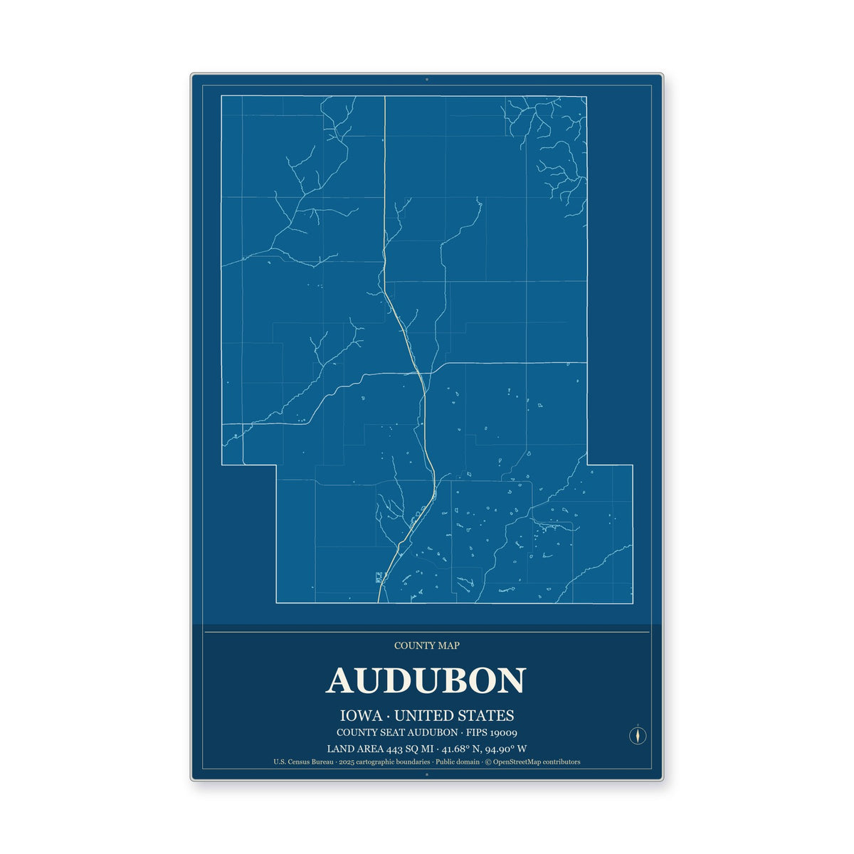 Audubon County, Iowa Map Aluminum Sign in Harbor Cobalt style