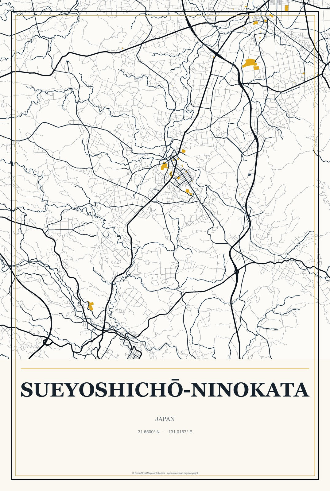 Sueyoshichō-ninokata, Japan City Map Aluminum Sign in Citrine Modern style