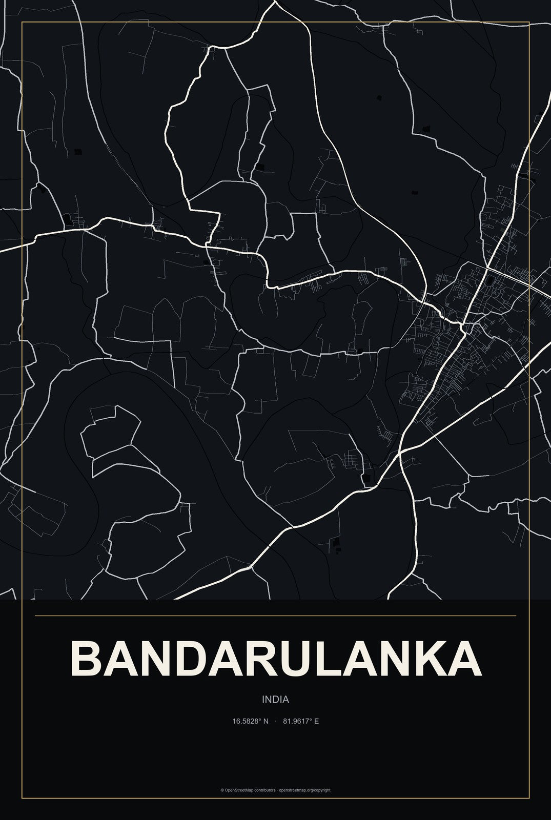 Bandarulanka, India City Map Aluminum Sign in Metropolitan Noir style