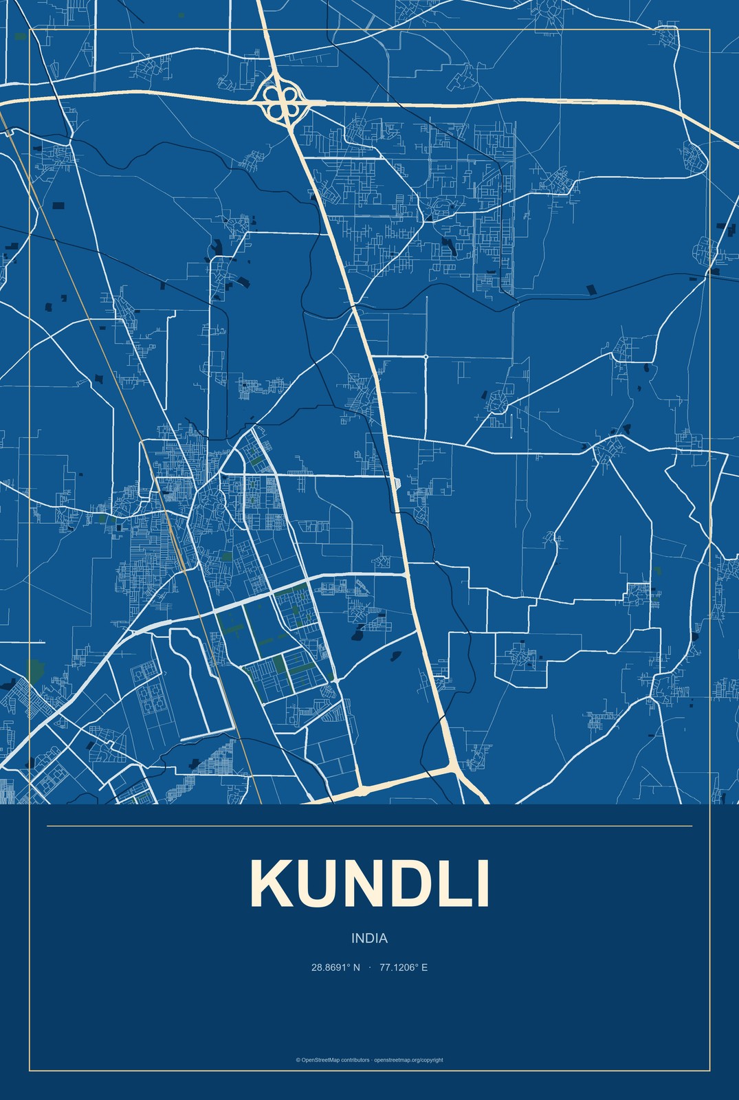 Kundli, India City Map Aluminum Sign in Harbor Cobalt style