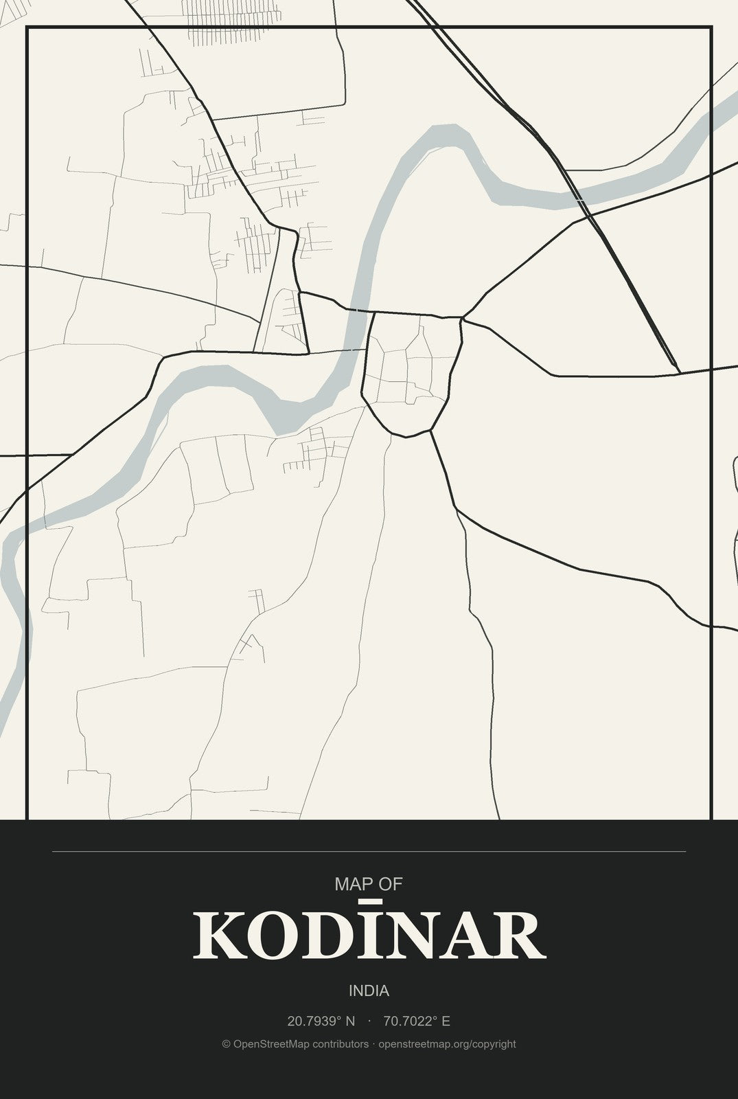 Kodīnar, India City Map Aluminum Sign in Museum Plaque style
