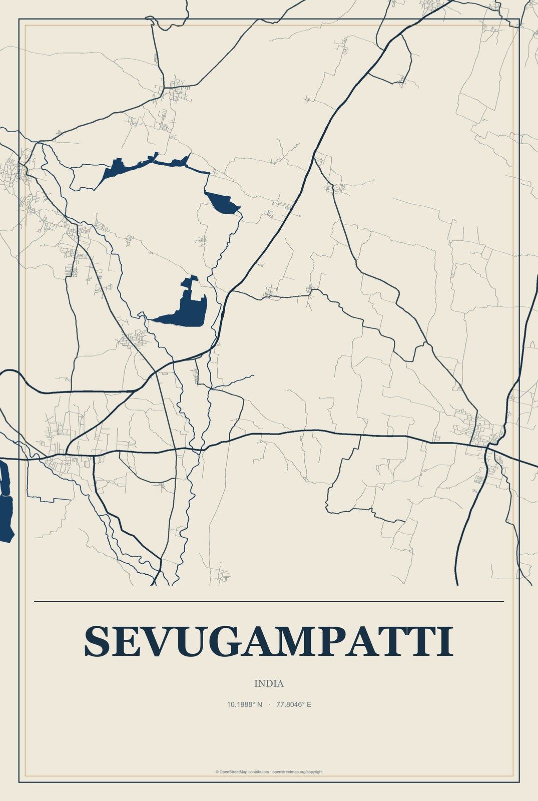 Sevugampatti, India City Map Aluminum Sign in Coastal Cutout style
