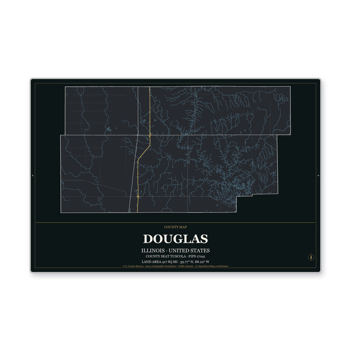 Douglas County, Illinois Map Aluminum Sign in Metropolitan Noir style