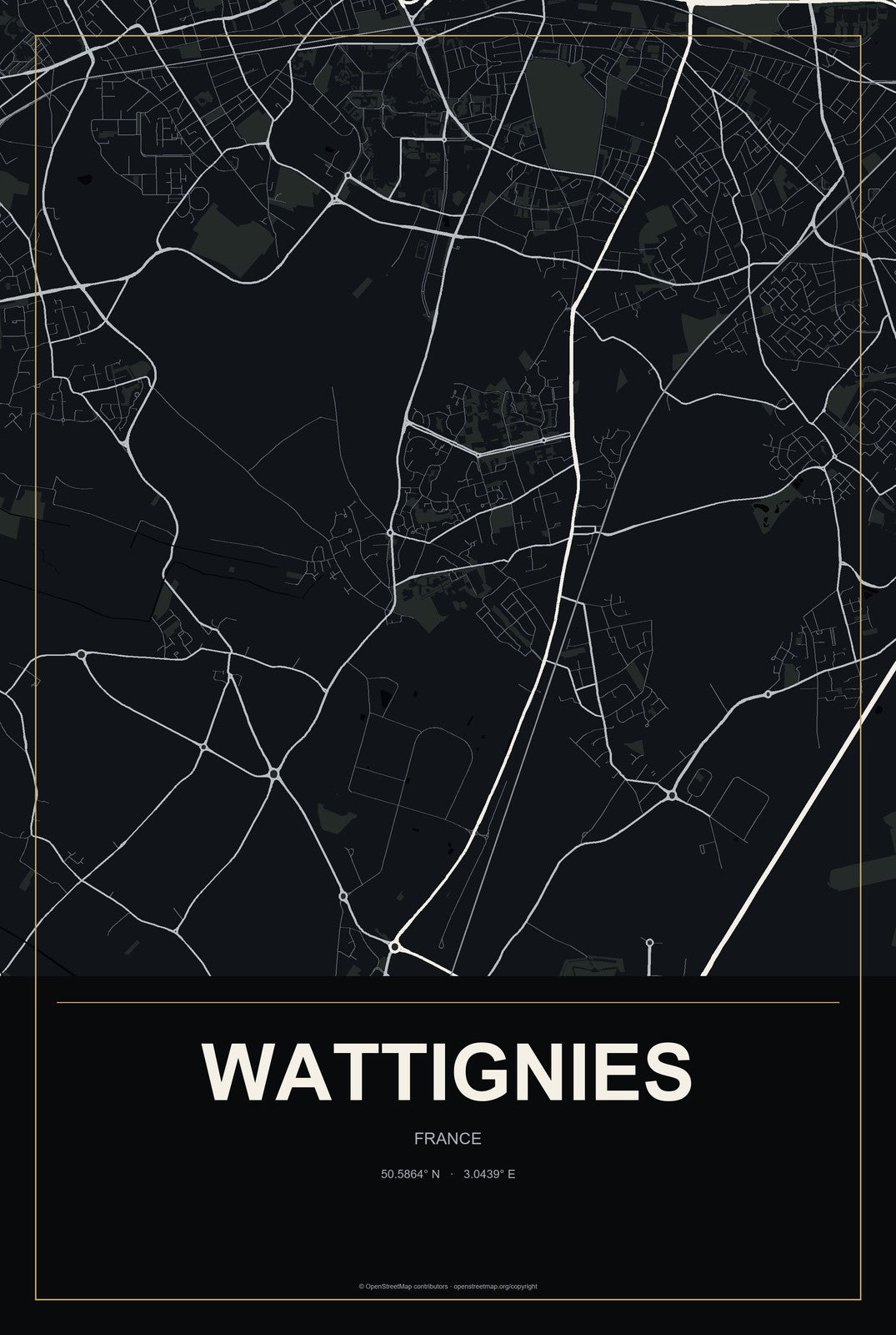 Wattignies, France City Map Aluminum Sign in Metropolitan Noir style