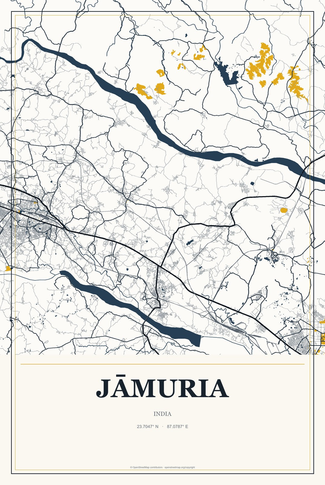 Jāmuria, India City Map Aluminum Sign in Citrine Modern style