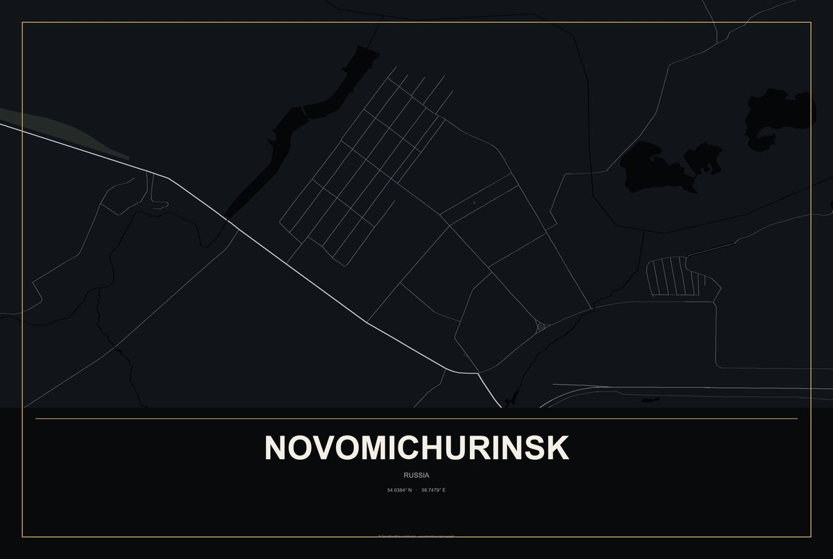 Novomichurinsk, Russia City Map Aluminum Sign in Metropolitan Noir style