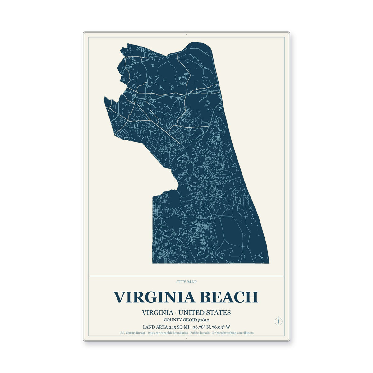 Virginia Beach city, Virginia Map Aluminum Sign in Coastal Cutout style