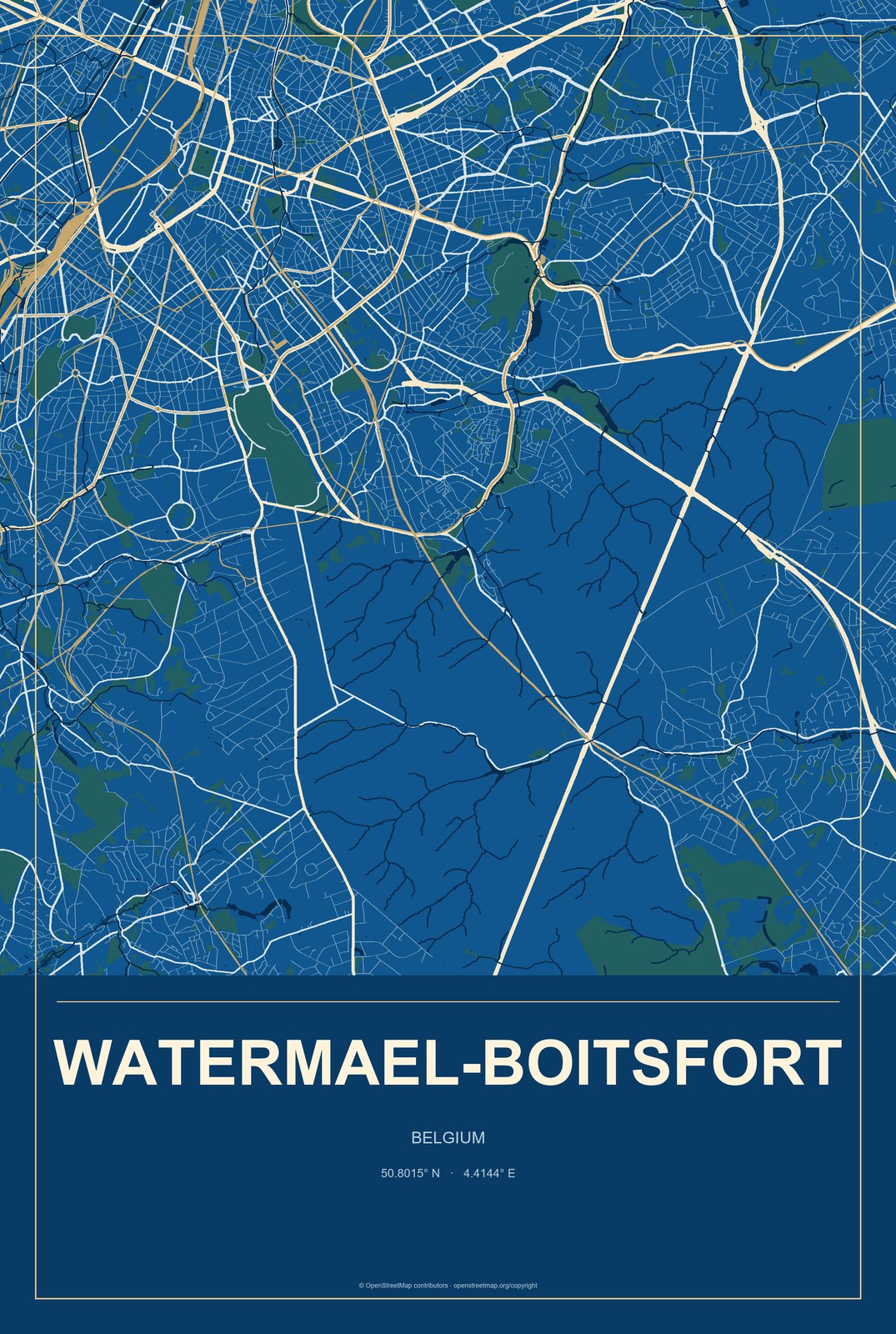 Watermael-Boitsfort, Belgium City Map Aluminum Sign in Harbor Cobalt style