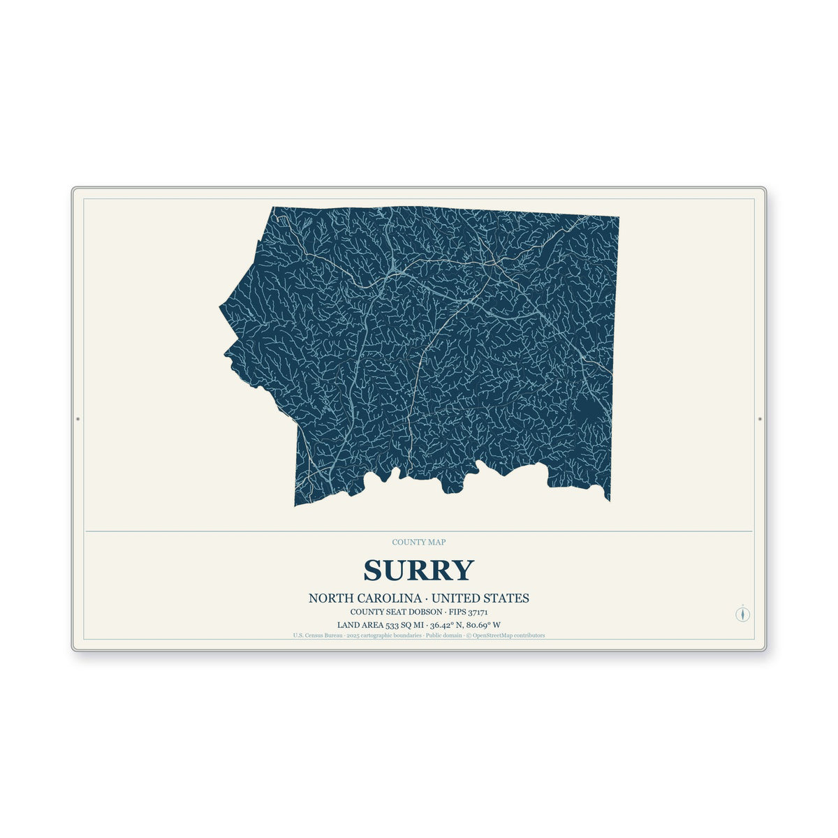 Surry County, North Carolina Map Aluminum Sign in Coastal Cutout style