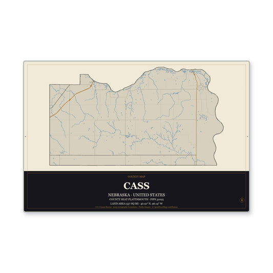 Cass County, Nebraska Map Aluminum Sign in Museum Plaque style
