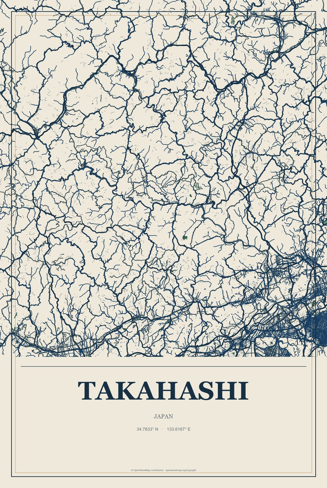 Takahashi, Japan City Map Aluminum Sign in Coastal Cutout style