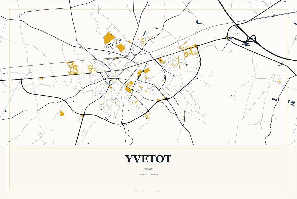 Yvetot, France City Map Aluminum Sign in Citrine Modern style