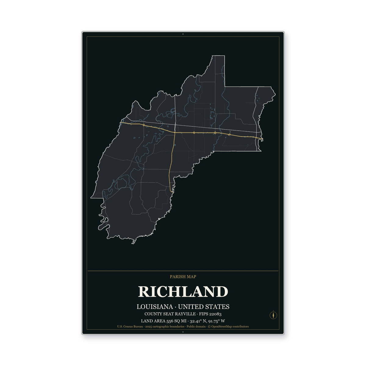 Richland Parish, Louisiana Map Aluminum Sign in Metropolitan Noir style