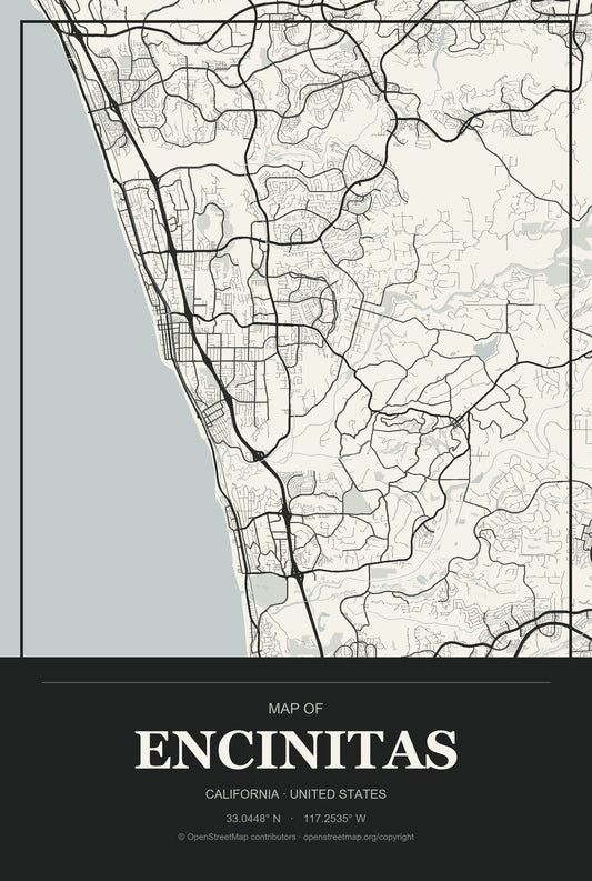 Encinitas, California City Map Aluminum Sign in Museum Plaque style