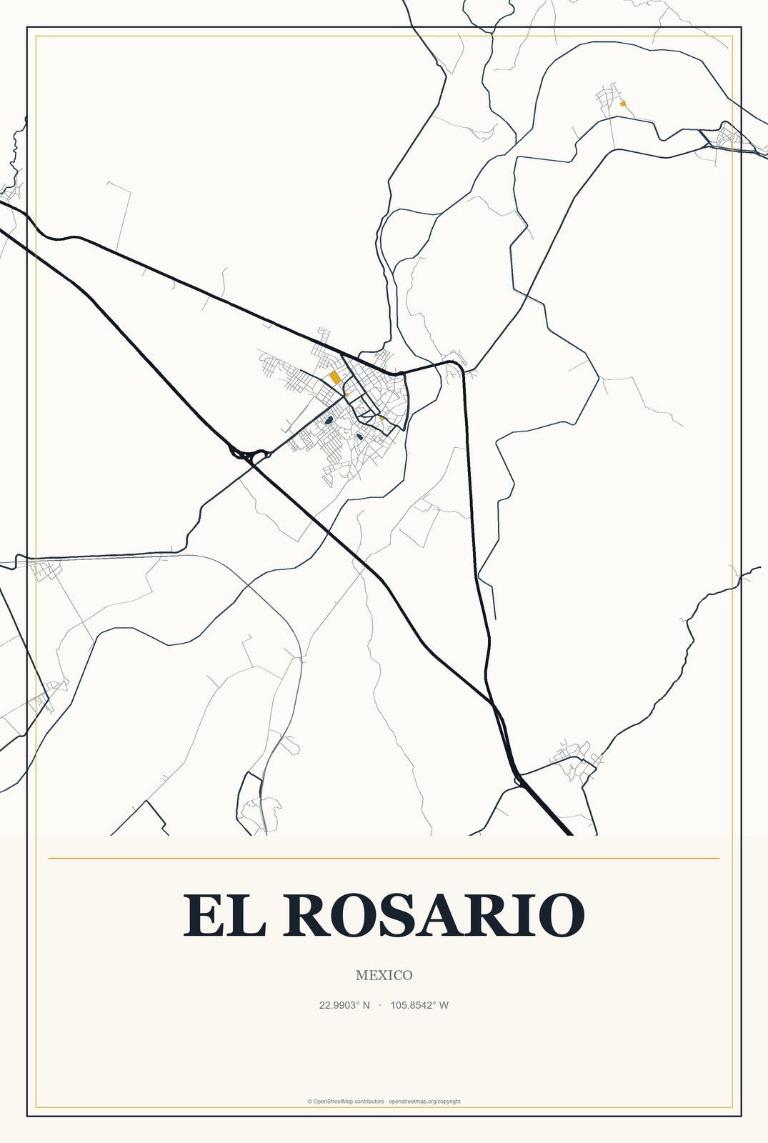 El Rosario, Sinaloa, Mexico City Map Aluminum Sign in Citrine Modern style
