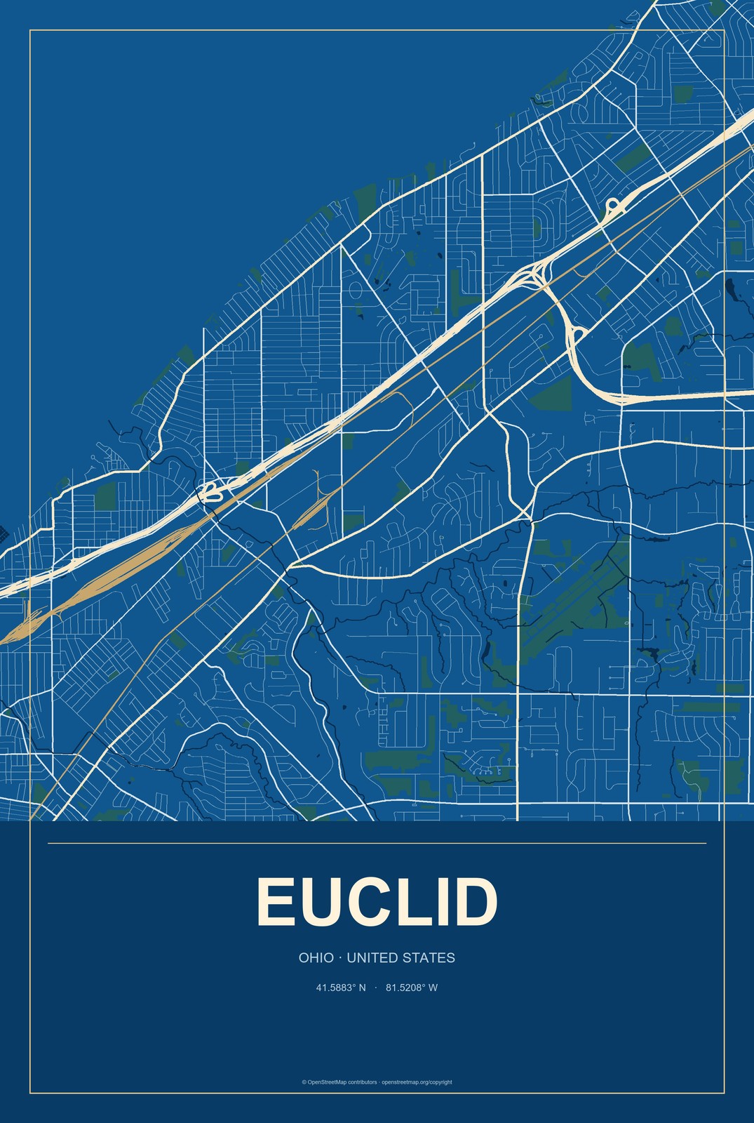 Euclid, Ohio City Map Aluminum Sign in Harbor Cobalt style