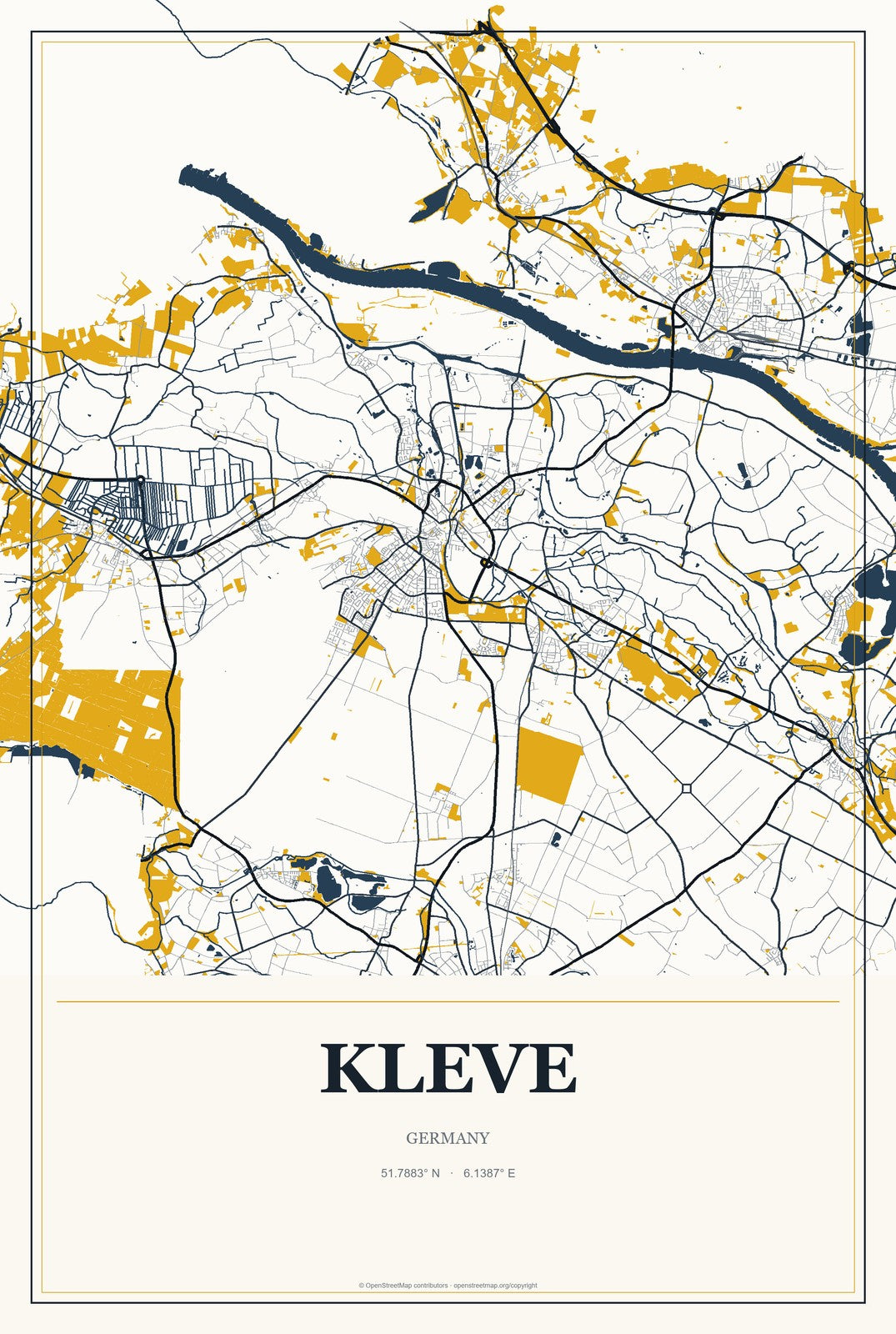 Kleve, Germany City Map Aluminum Sign in Citrine Modern style
