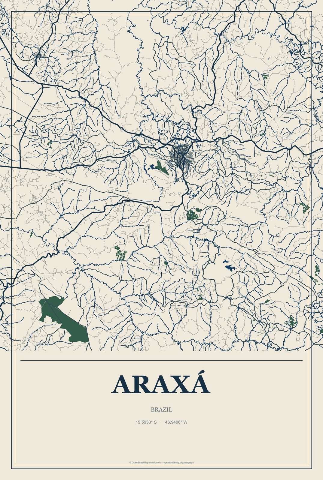 Araxá, Brazil City Map Aluminum Sign in Coastal Cutout style