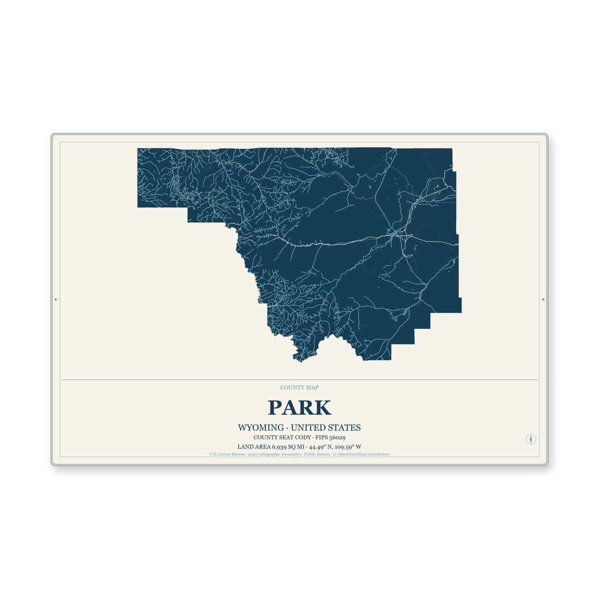 Park County, Wyoming Map Aluminum Sign in Coastal Cutout style