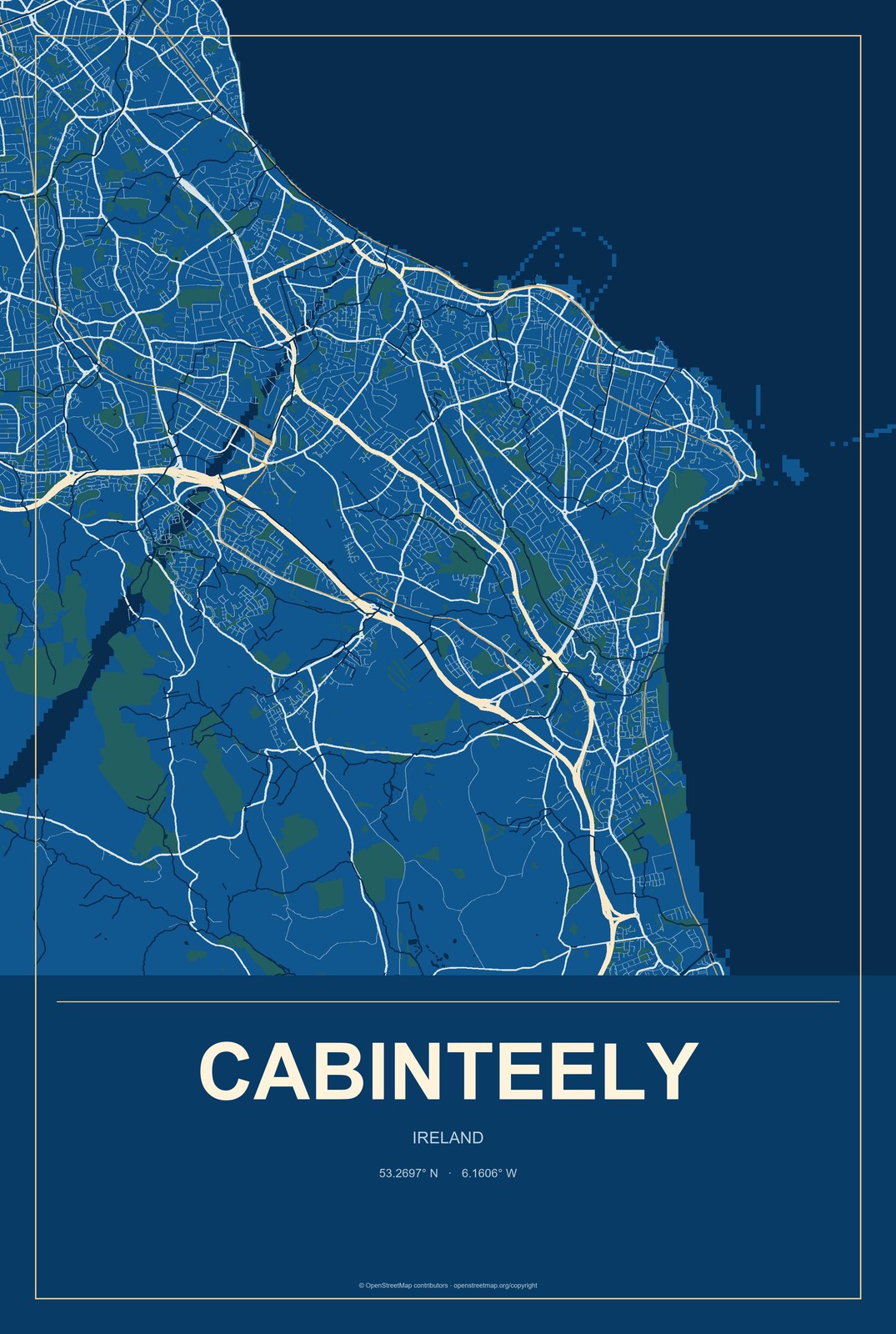 Cabinteely, Ireland City Map Aluminum Sign in Harbor Cobalt style