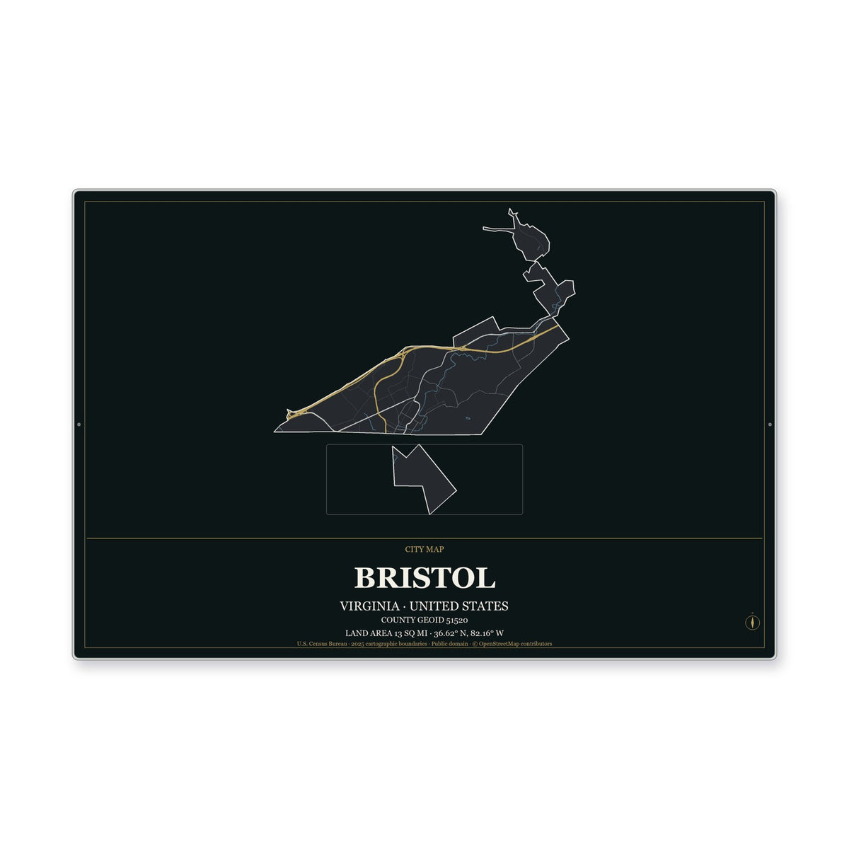 Bristol city, Virginia Map Aluminum Sign in Metropolitan Noir style