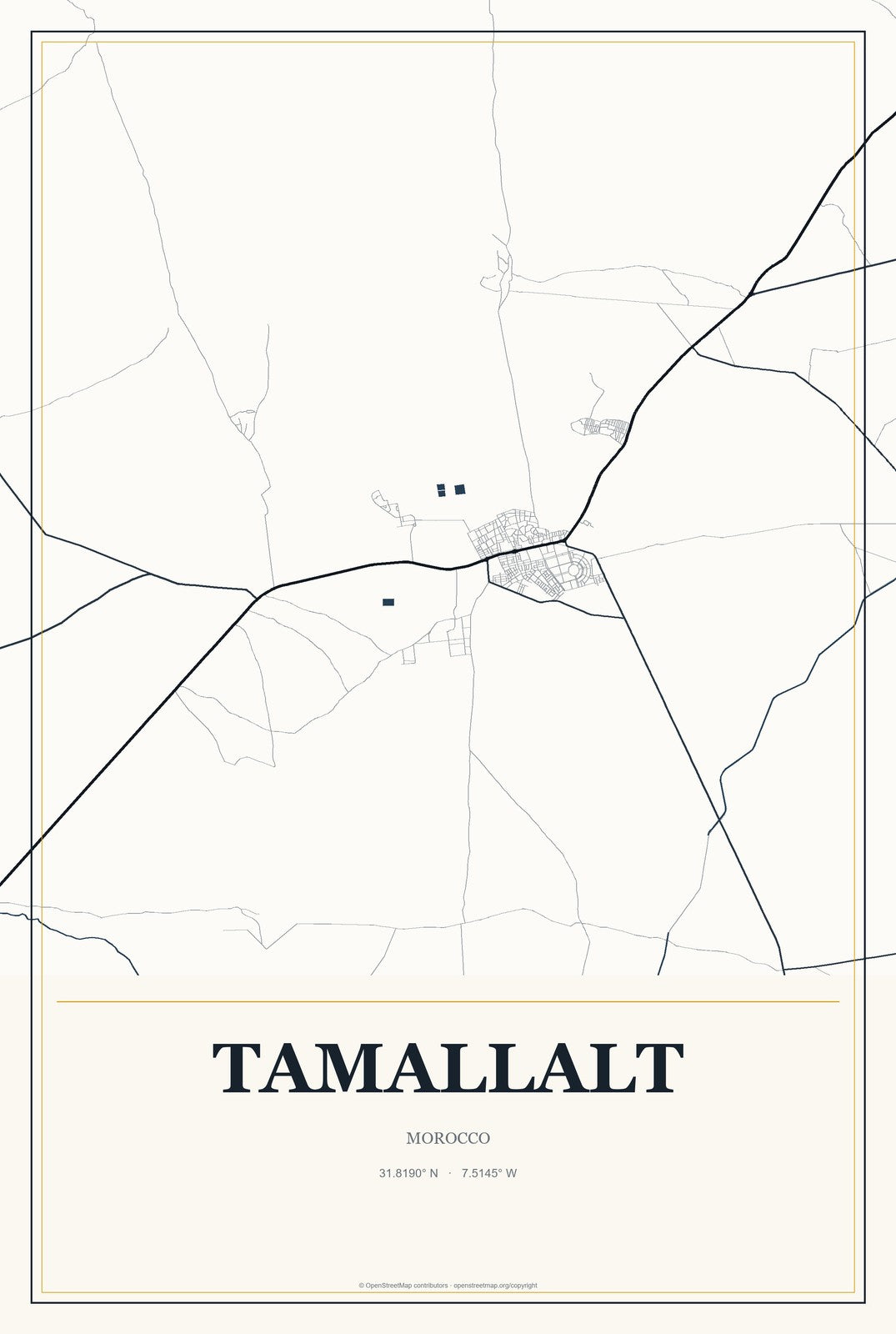Tamallalt, Morocco City Map Aluminum Sign in Citrine Modern style
